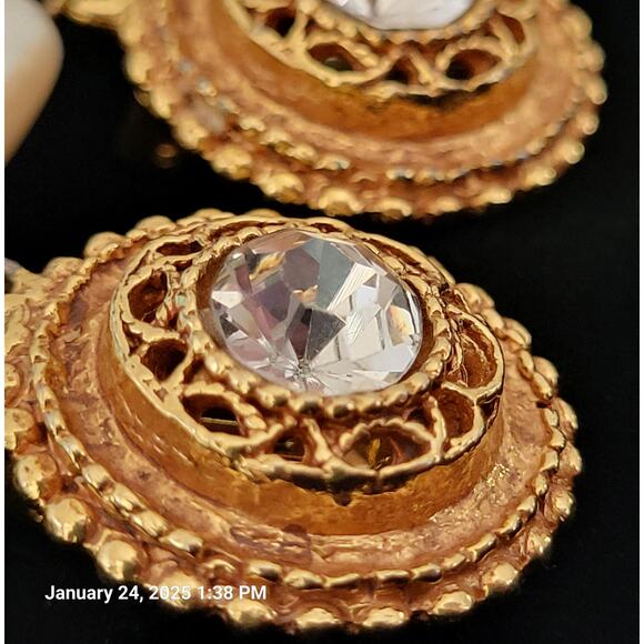 Pearl Diamond Gold Earrings Vintage Signed Designer Maxine Denker Clip-On - Picture 4 of 9